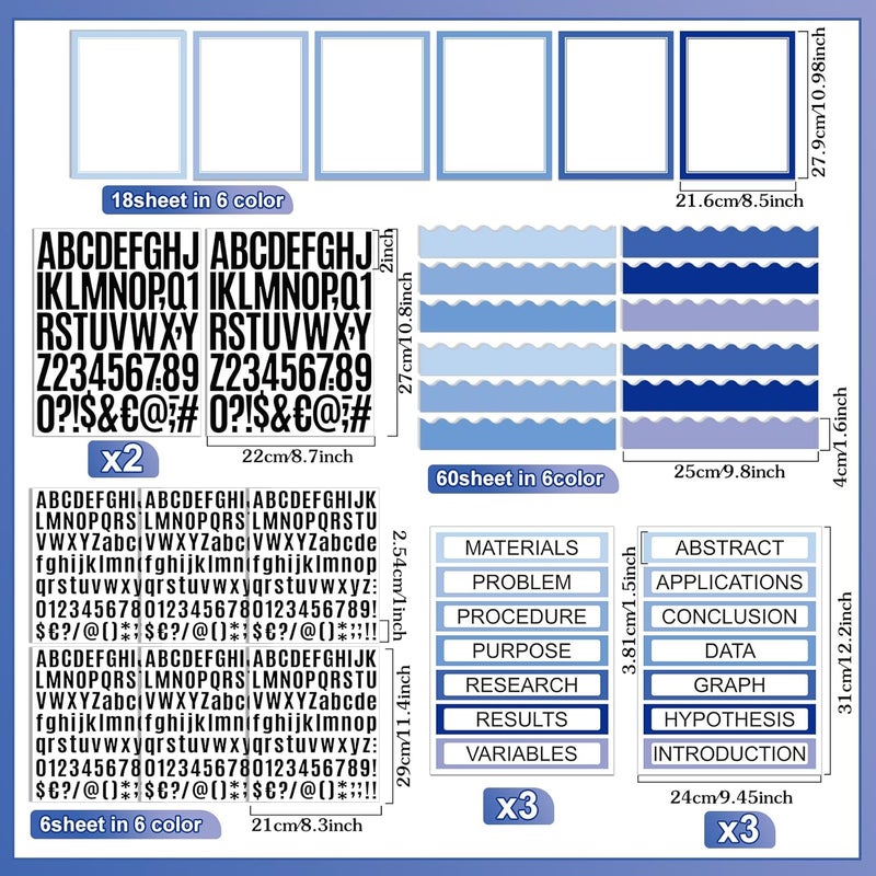 Sinload 92 Pcs Science Fair Board Supplies 60 Trim Scalloped Poster Boards 18 Presentation Subtitles 6 Project Titles 8 Letter Sticker for Classroom Display Boards(Blue Tone) - Image 2